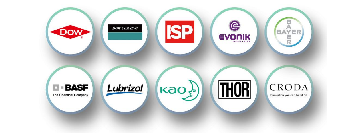 Raw material suppliers including Dow, Dow Corning, ISP, Evonik, Bayer, BASF, Lubrizol, Kao, Thor and Croda